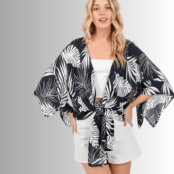 Navy Tropical Palm Kimono Top