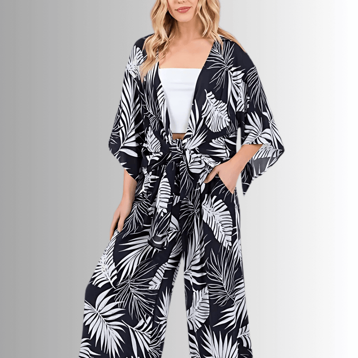 Navy Tropical Palm Kimono Top