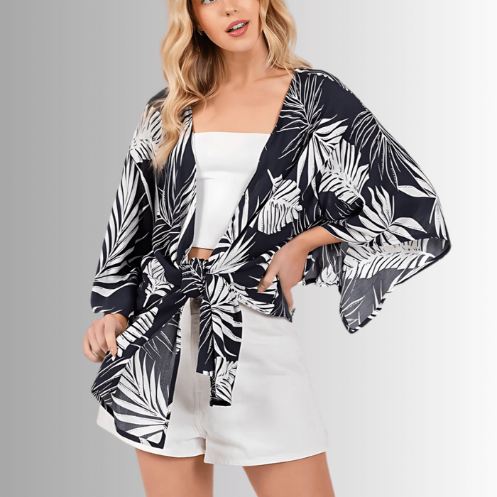 Navy Tropical Palm Kimono Top