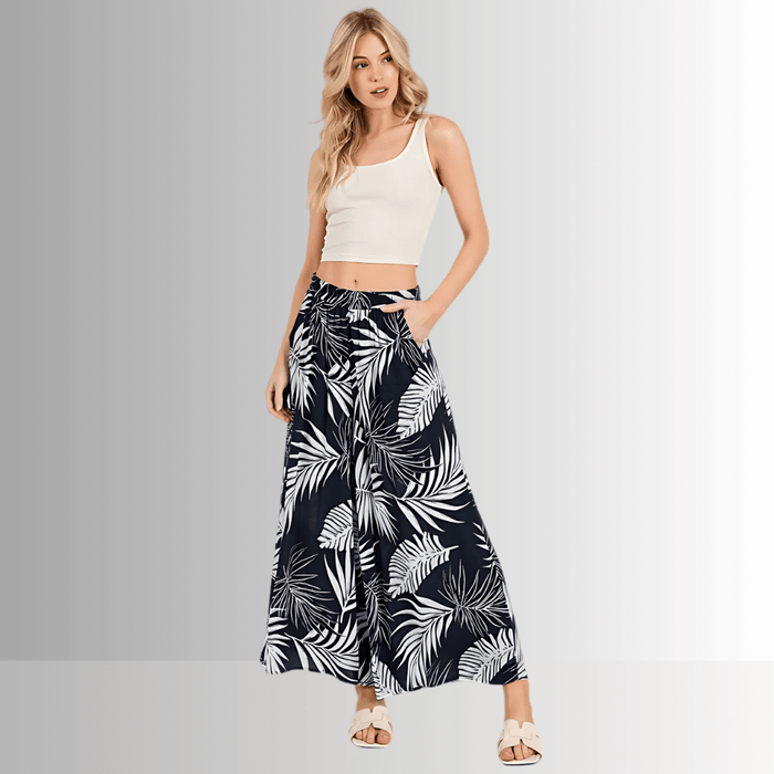 Navy Tropical Palm Wide Leg Pants