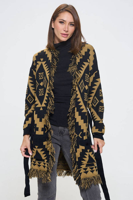 Tribal Print Cardigan with Fringe Detail and Tie