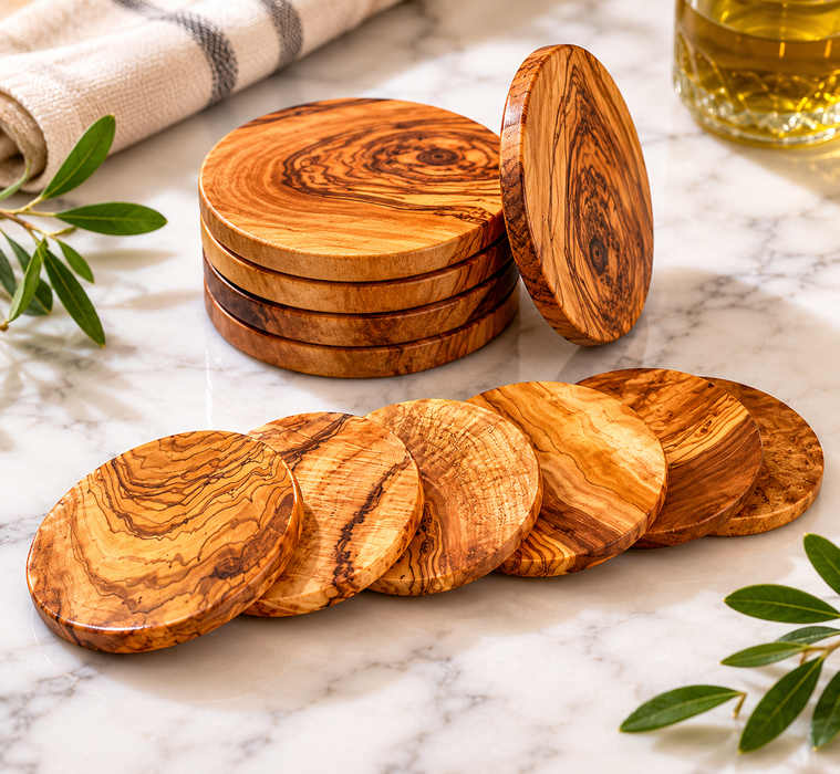Wooden coasters on a marble surface with olive branches and a glass of oil.