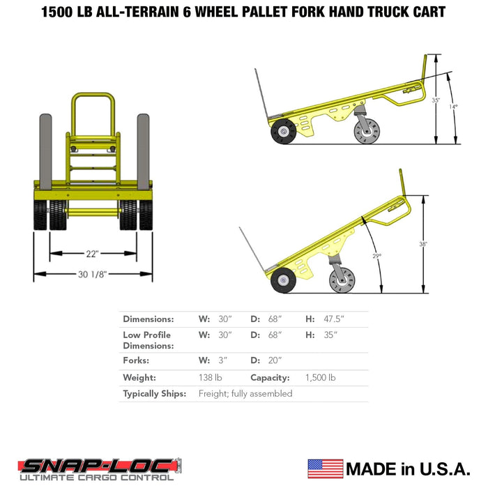 SNAP-LOC 1500 lb Capacity All-Terrain 6 Wheel Adjustable Hand Truck Cart with forks
