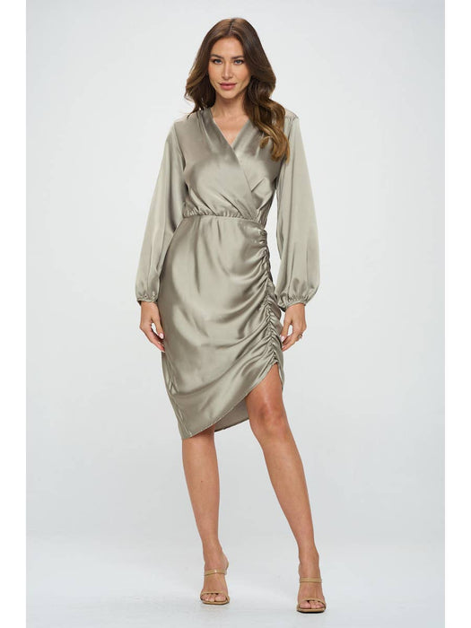 Stretch Satin Dress with Ruched Asymmetrical Hem
