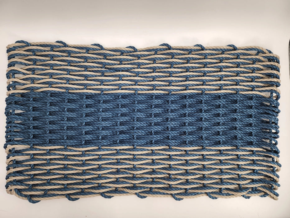 Large Navy Blue and Tan Lobster Rope Mat made with Lobster Rope, Double Weave, Vibrant, Long Lasting Durable