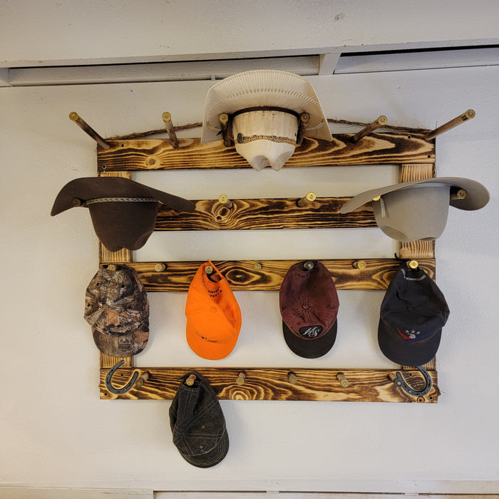 Handcrafted 6-Cowboy Hat Vertical Rack Organizer with 13 Gimmee Cap pegs