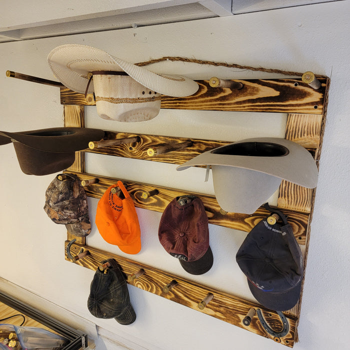Handcrafted 6-Cowboy Hat Vertical Rack Organizer with 13 Gimmee Cap pegs