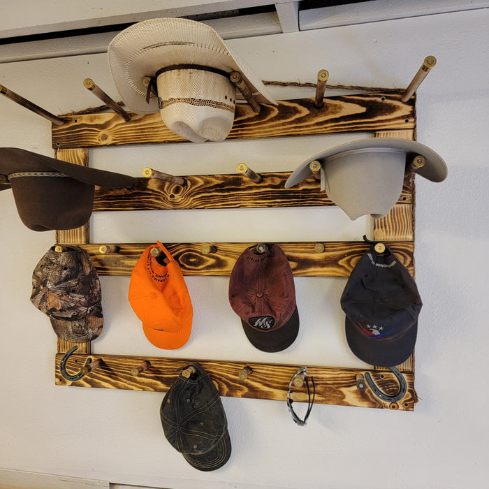 Handcrafted 6-Cowboy Hat Vertical Rack Organizer with 13 Gimmee Cap pegs