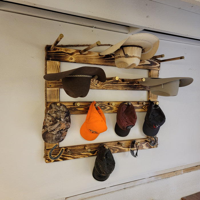 Handcrafted 6-Cowboy Hat Vertical Rack Organizer with 13 Gimmee Cap pegs