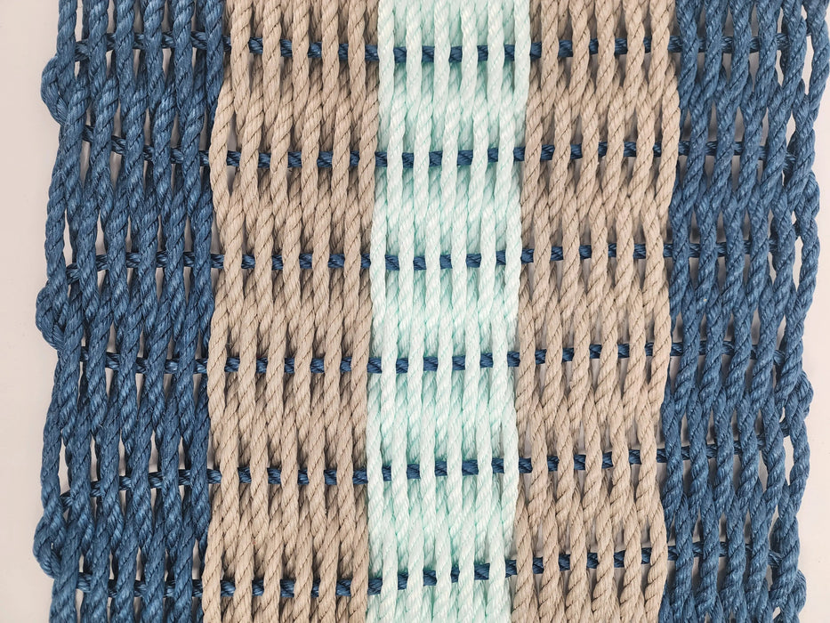 Five Stripe Rope Mat made with Lobster Rope Navy, Tan and Seafoam
