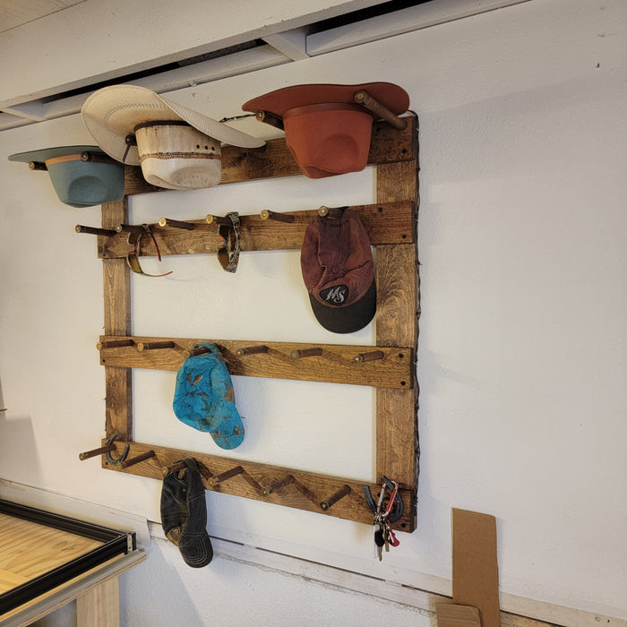 Handcrafted 3-Cowboy Hat Rack Organizer with 13 Gimmee Cap pegs