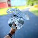 Metal butterfly sculpture held by a person with a blurred road and building in the background