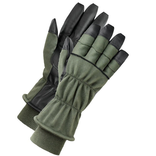 Pair of green gardening gloves with black rubberized finger tips on a white background