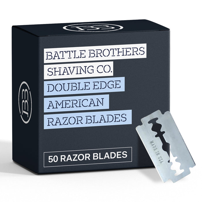 Box of Battle Brothers Shaving Co. double edge American razor blades with two blades on a white background
