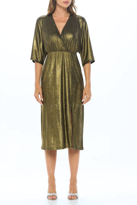Made in USA Lurex Metallic Kimono V neck Dress with Slit