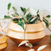 Gold and white planter with a plant on a wooden surface