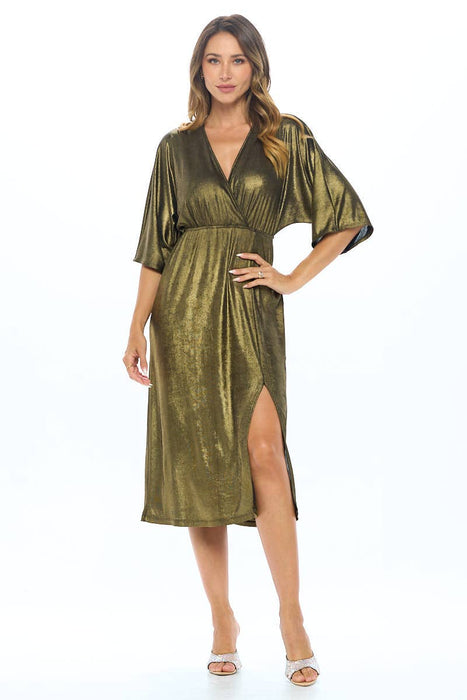 Made in USA Lurex Metallic Kimono V neck Dress with Slit