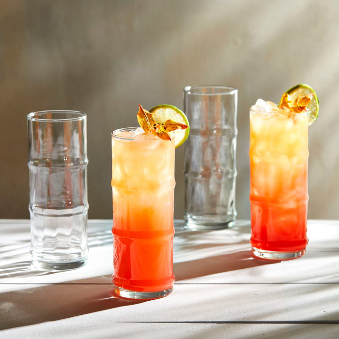 Libbey Tiki Bamboo Highball Drinking Glasses, 16 ounce, Set of 4