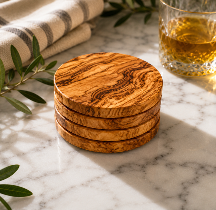 Stack of wooden coasters on a marble surface with a glass of whiskey and a towel.