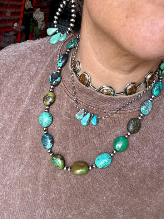 Blue turquoise and sterling silver pearl necklace