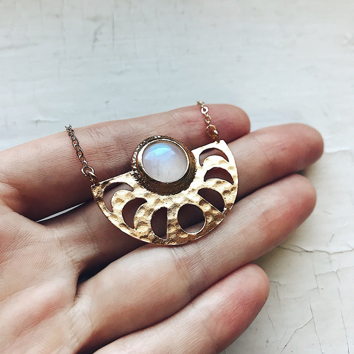 Moon Goddess Necklace - Moon Phases Rainbow Moonstone Pendant