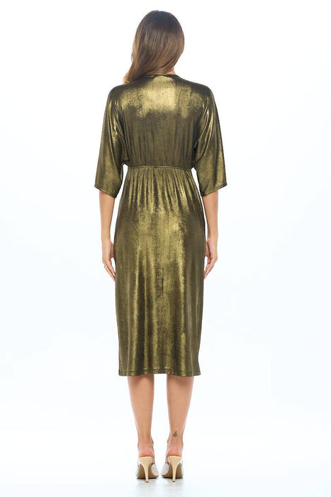 Made in USA Lurex Metallic Kimono V neck Dress with Slit