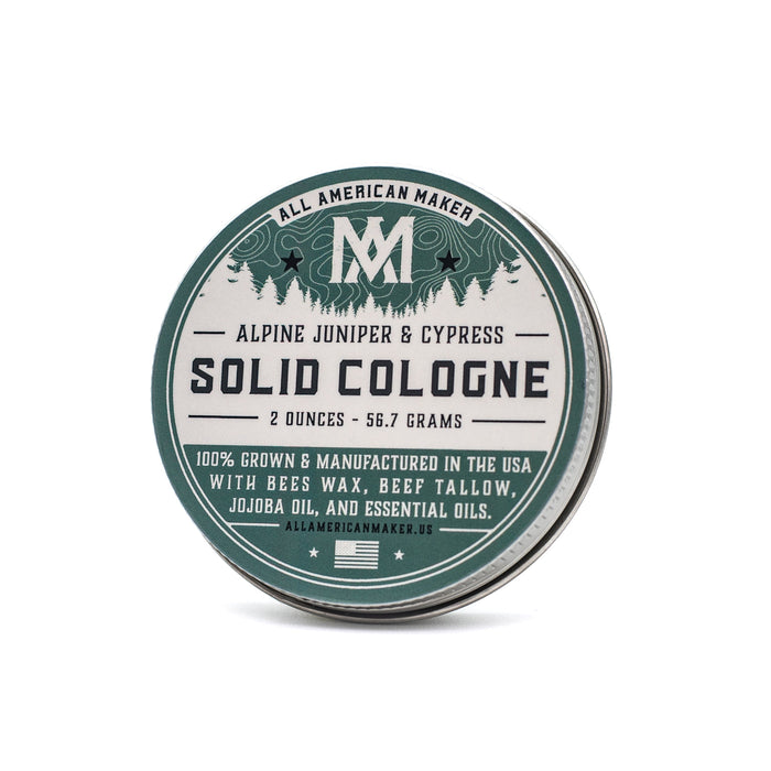 Solid cologne tin with label on a white background