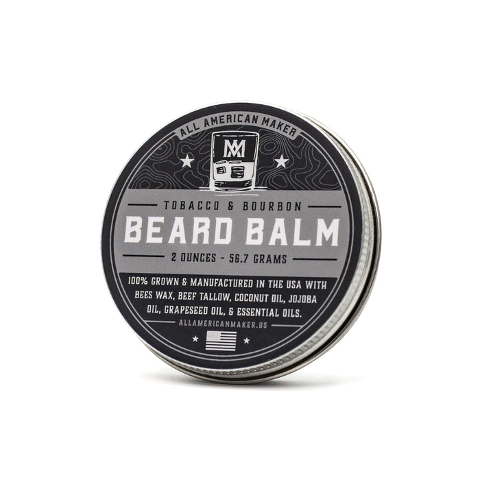 Beard balm container with label on a white background