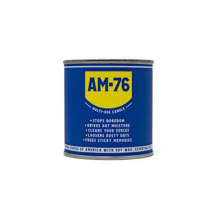 AM-76 multi-use candle canister with blue label on a white background