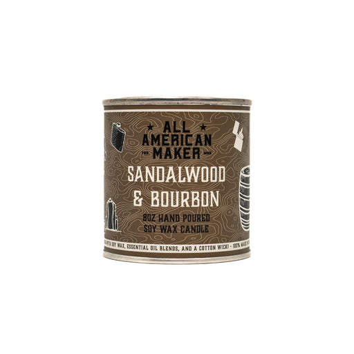 Candle container labeled 'All American Maker Sandalwood & Bourbon' on a white background