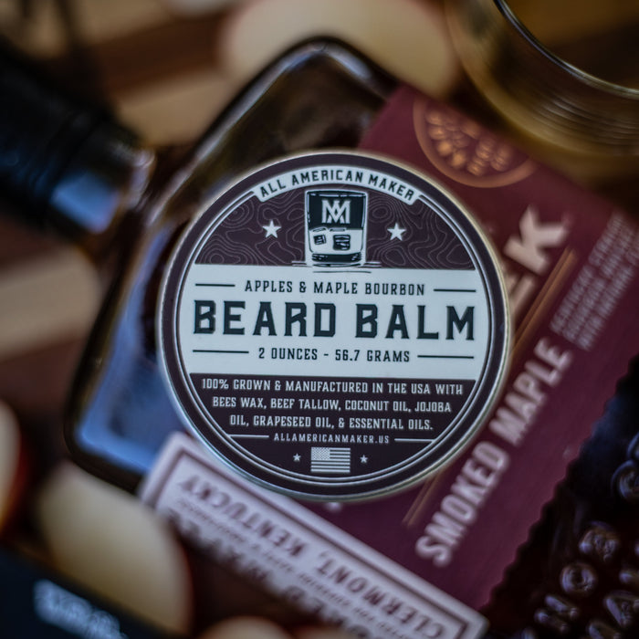 Beard balm packaging with a label on a wooden background