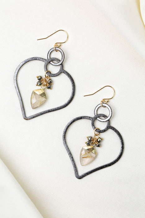 Alchemy Pyrite With Heart Hoop And Gold Rutilated Quartz Statement Earrings