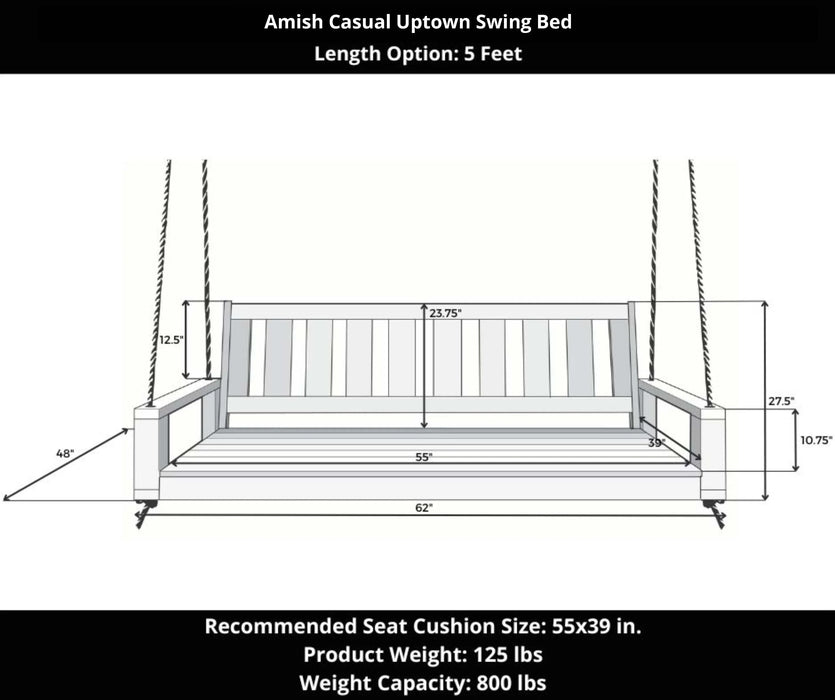 Amish Casual 5 Foot Uptown Porch Swing Bed in Unfinished