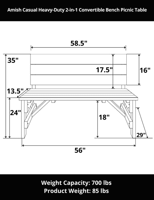 Amish Casual Heavy-Duty 2-in-1 Convertible Bench Picnic Table