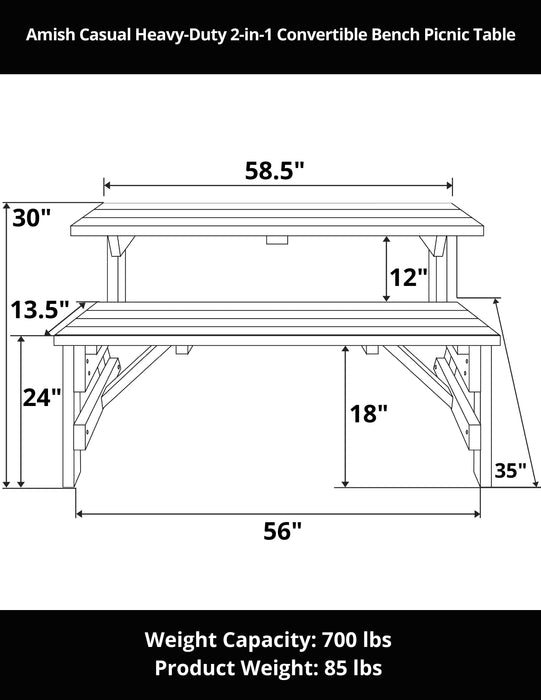 Amish Casual Heavy-Duty 2-in-1 Convertible Bench Picnic Table
