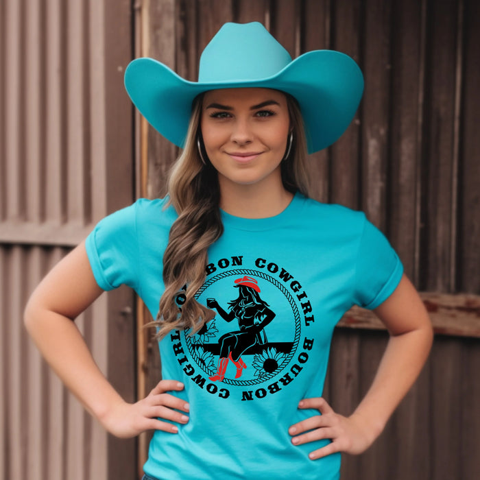Bourbon Cowgirl Logo Turquoise Tshirt