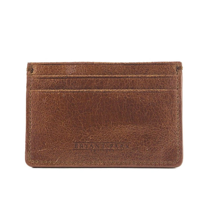 Brown leather cardholder with 'Bryan Clark' branding on a white background