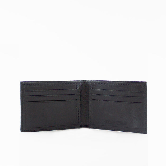 Black leather wallet open on a white background