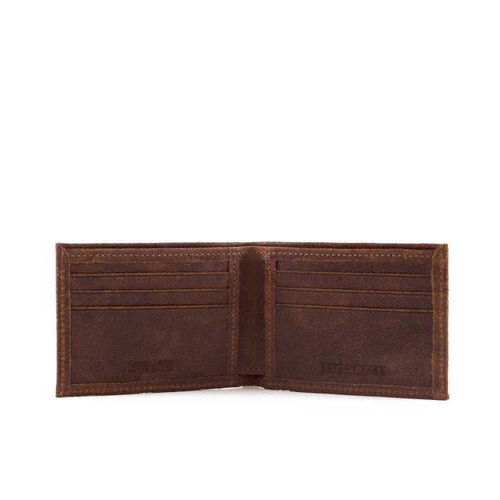Brown leather wallet open on a white background