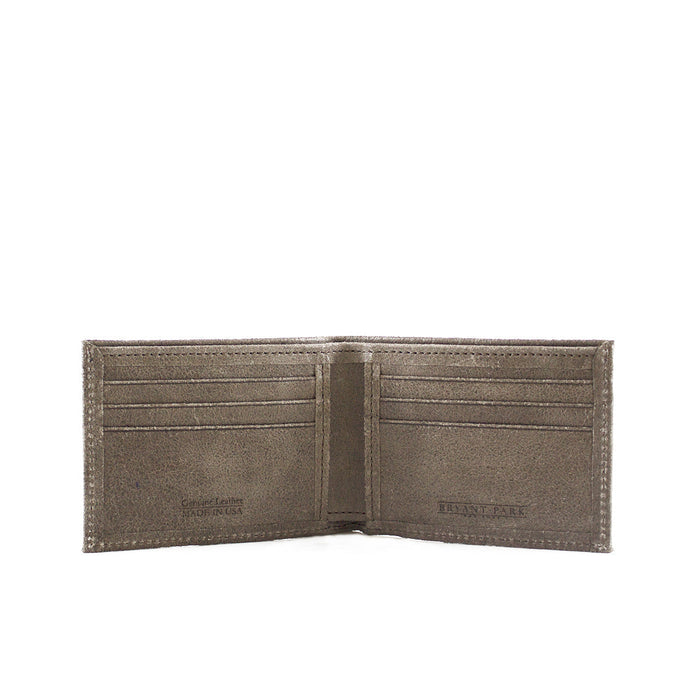 Open brown leather wallet on a white background