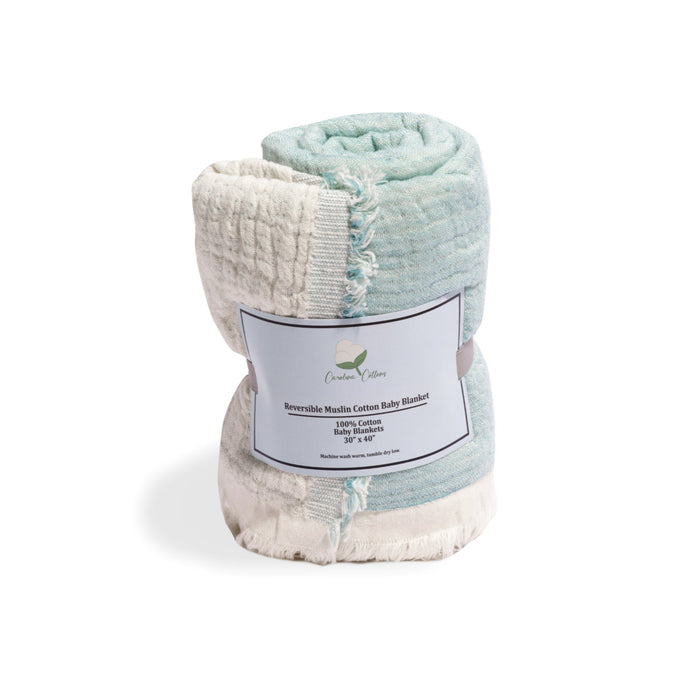 Folded baby blanket with a label on a white background