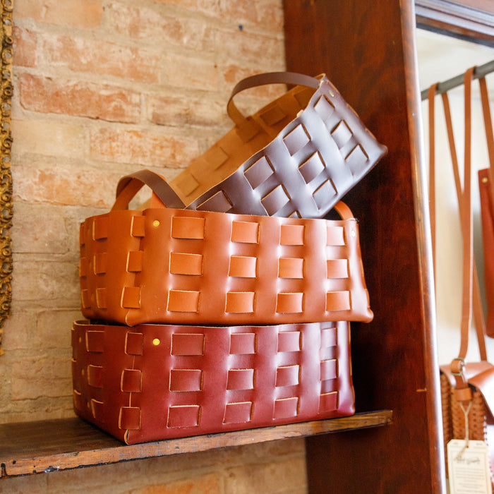 Large Leather Woven Basket  - USA Made