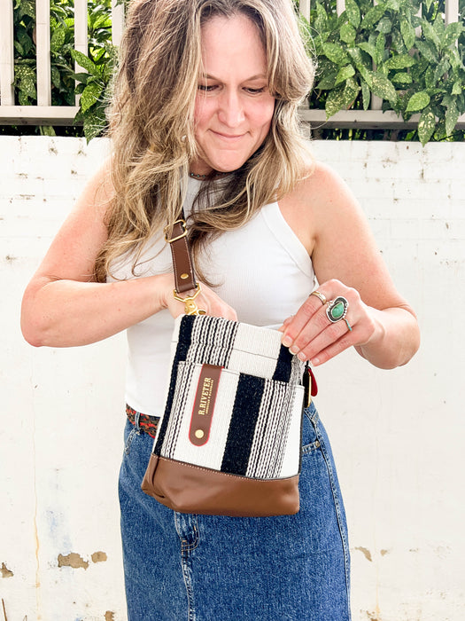 Betsy Bucket Bag | Black and White Woven + Brown Leather