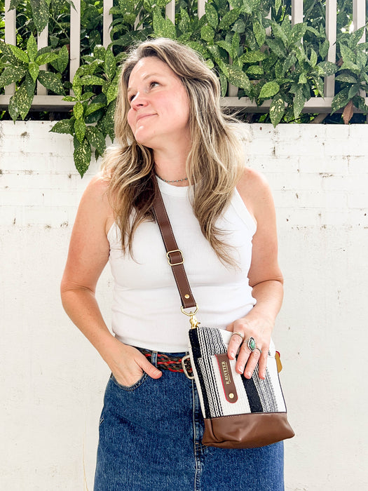 Betsy Bucket Bag | Black and White Woven + Brown Leather