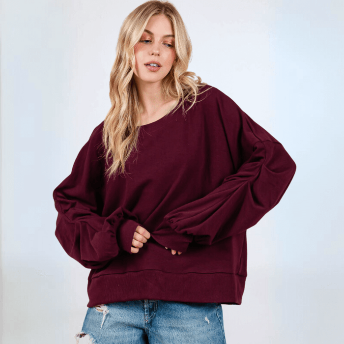 Cabernet Red Sweatshirt with Sleeve Gathering  Made in USA