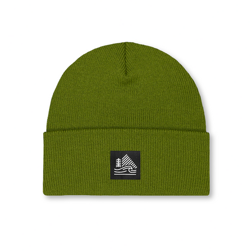 Green beanie with a logo on a white background