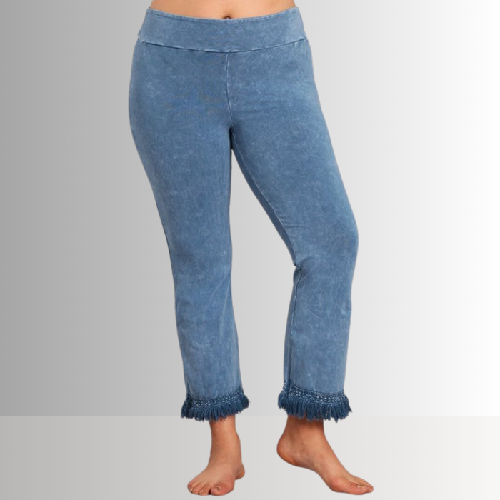 Mineral Washed Crochet Fringe Hem Pants in Plus Size