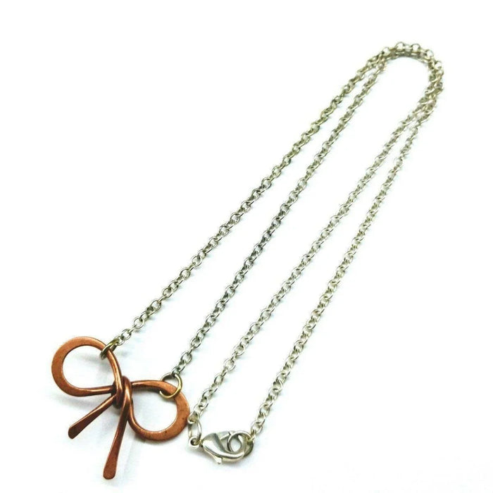 Wire Wrapped Copper Bow Tie  Silver Chain Necklace
