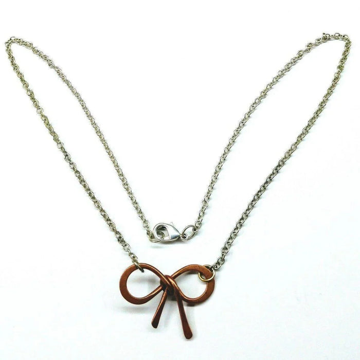 Wire Wrapped Copper Bow Tie  Silver Chain Necklace