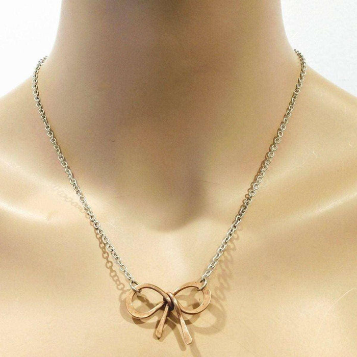 Wire Wrapped Copper Bow Tie  Silver Chain Necklace